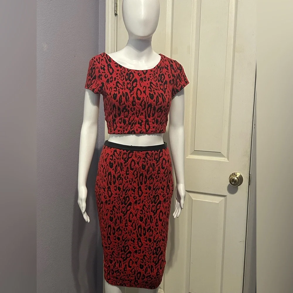 Express Sz Xs/2 Red Leopard Animal Print Skirt Set Retro Vintage Rockabilly - Picture 1 of 5